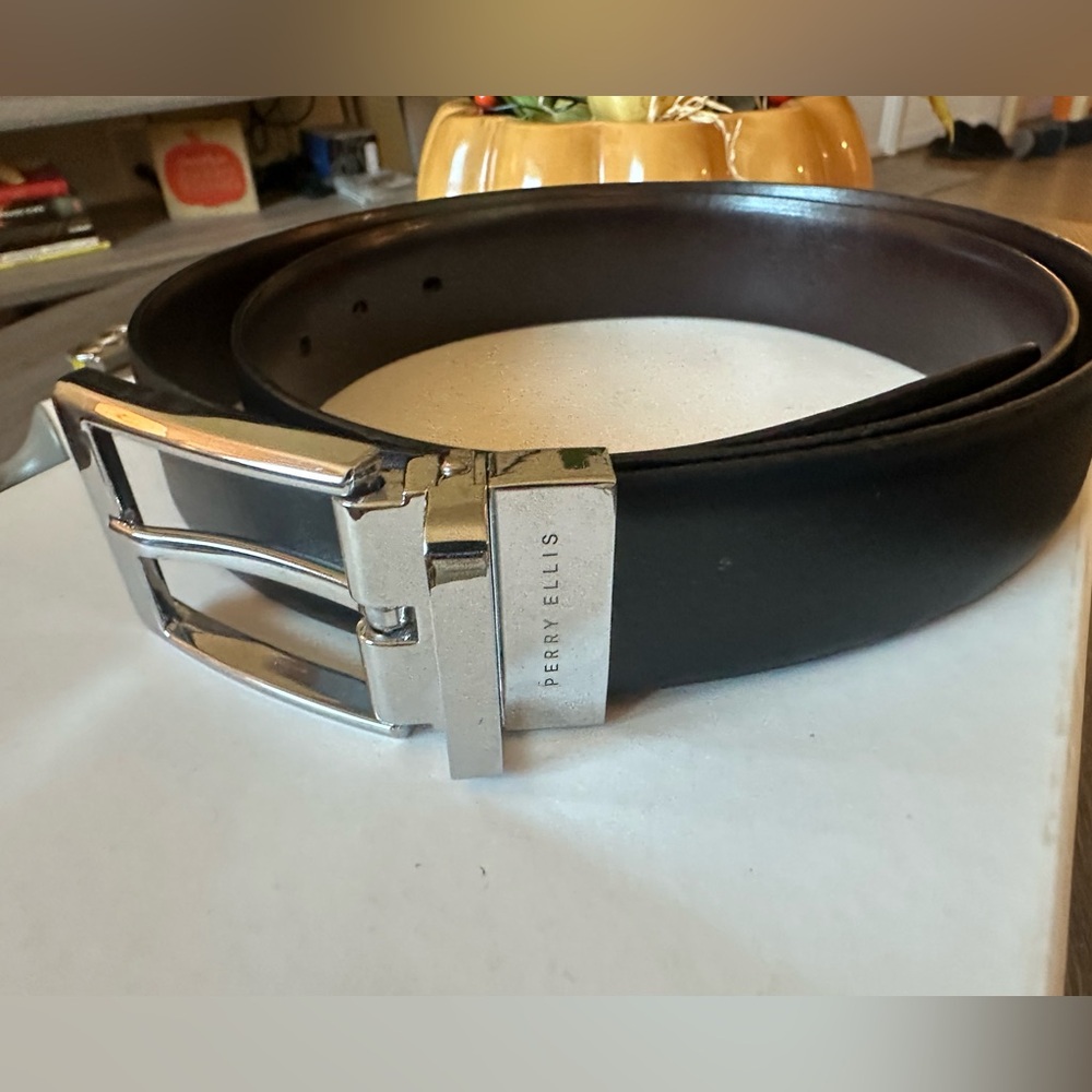 Perry Ellis Brown Leather Belt with Silver Buckle Size 38